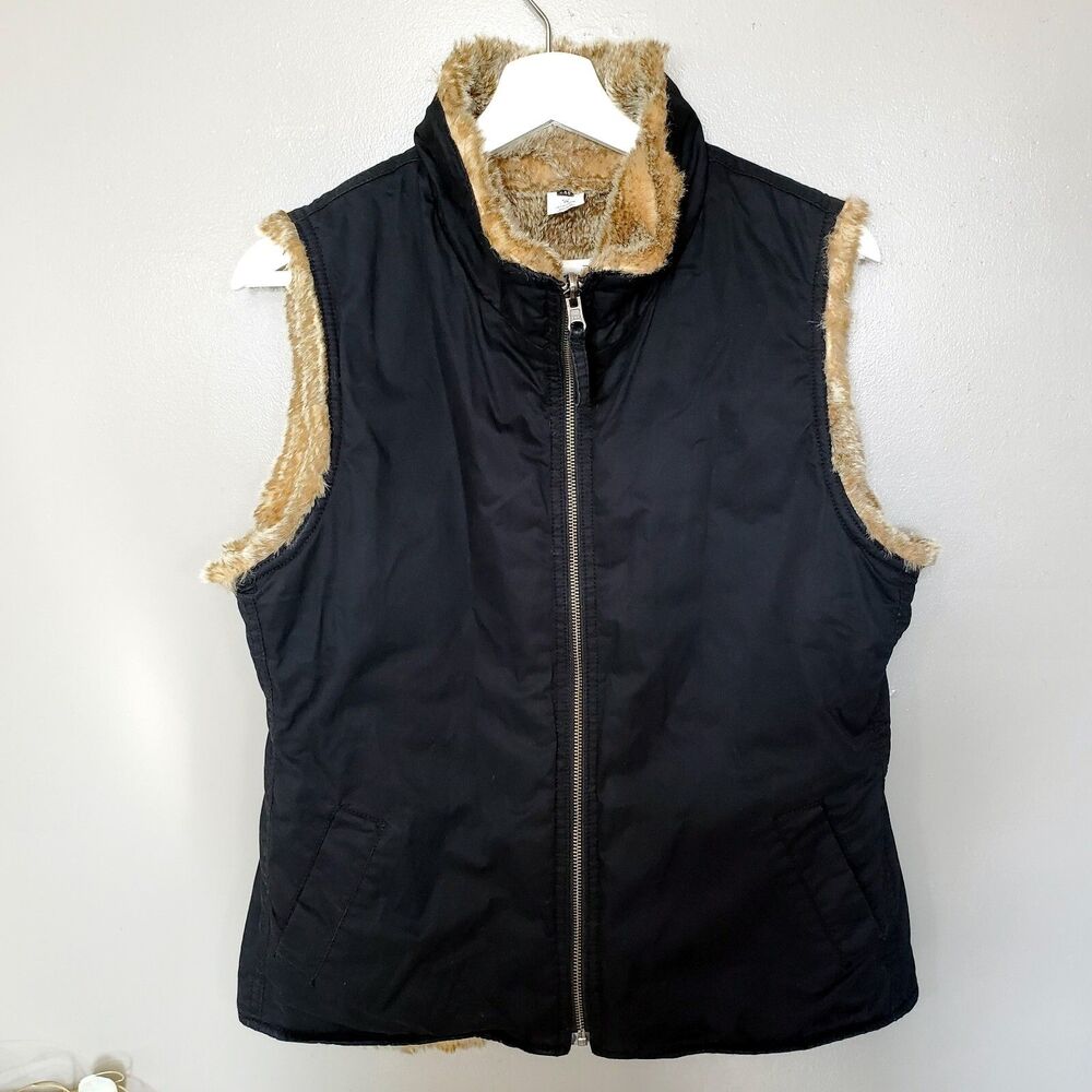 Gap Reversible Vest Womens Size Medium Black Brown Faux Fur Full Zip Pockets